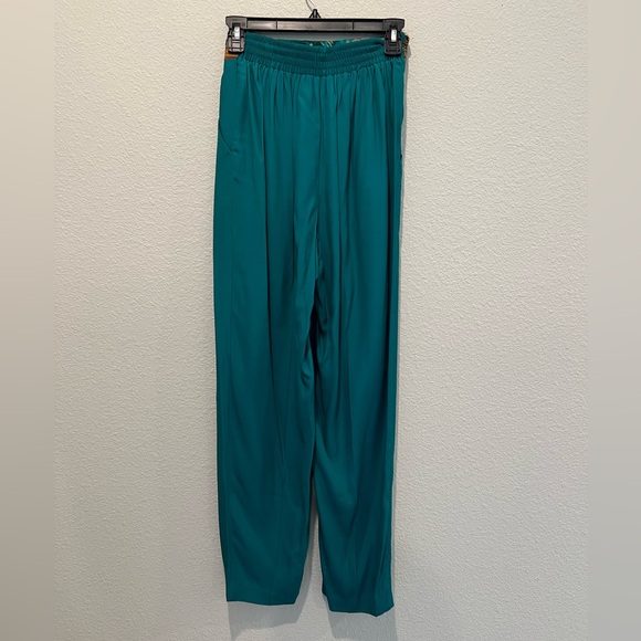Vintage 80s 2 Piece Set Top Pants Teal Hawaiian Print Trim High Waisted Pleated - Picture 12 of 15